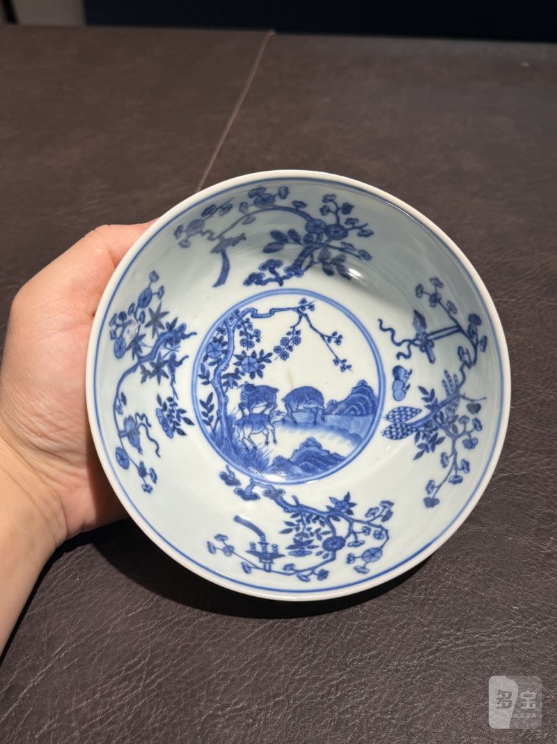清光绪 内青花外黄地轧道粉彩开光三羊开泰图膳碗 - 图12